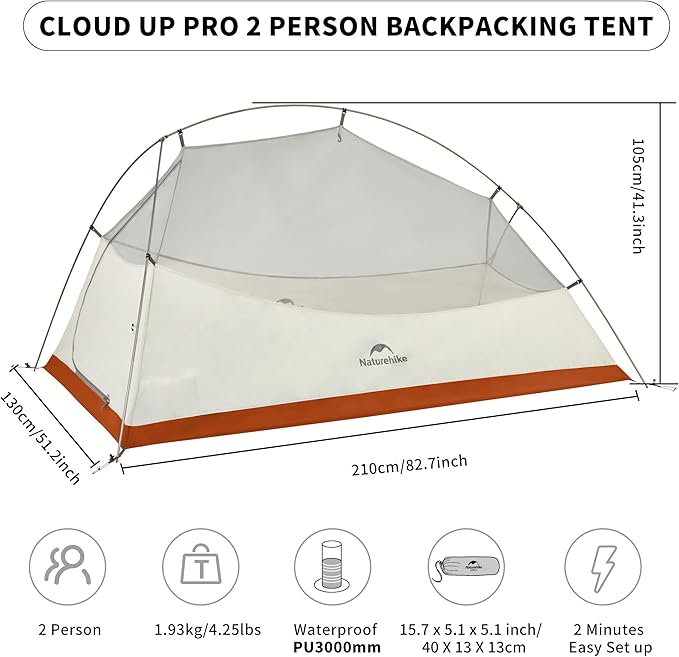 Naturehike Cloud-Up 2 Person Tent Lightweight Backpacking Tent with Footprint - Free Standing Ultralight Camping Hiking Backpack Tents Two Person Tent