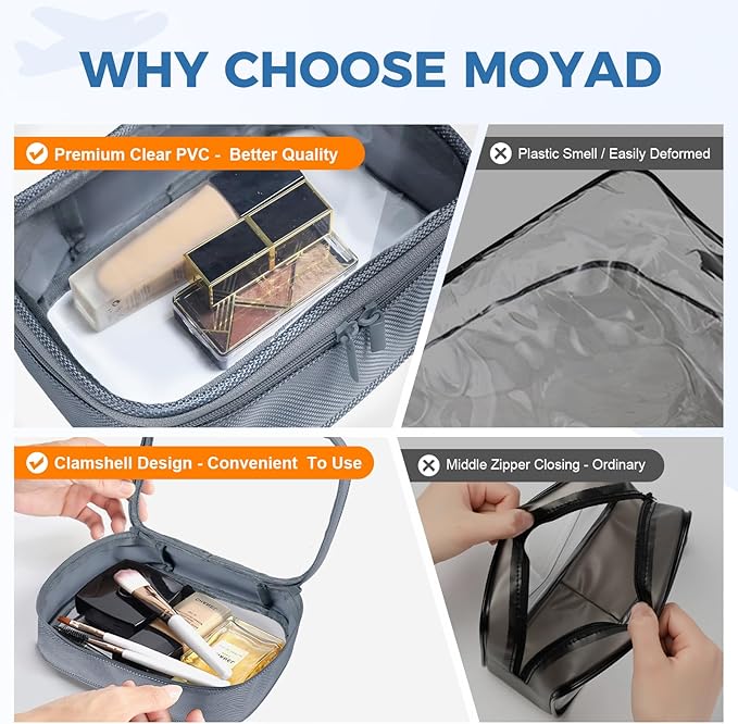 Moyad TSA Approved Clear Toiletry Bag, 2 Pack Quart Size 3-1-1 Liquids Pouch for Travel, Transparent Makeup & Cosmetic Organizer for Women Men, Grey