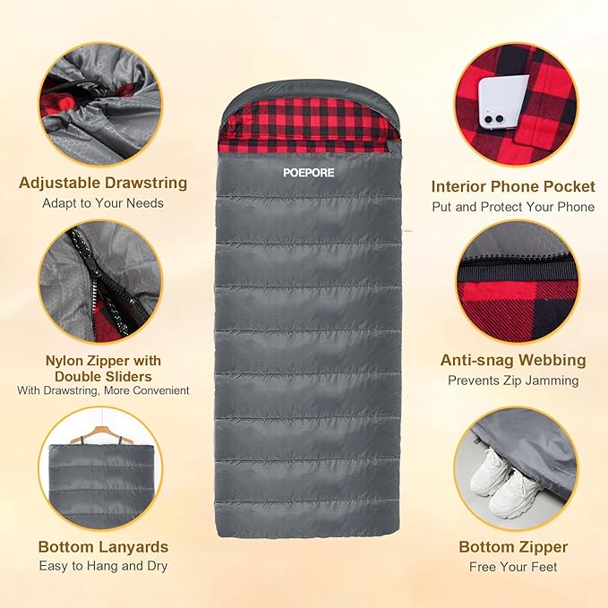Flannel Sleeping Bag 0 Degree Cold Weather for Adults XXL Sleeping Bag 4 Season Big and Tall with Compression Sack