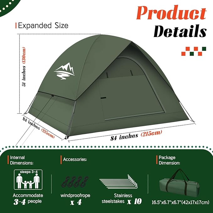 Tents for Camping 3-4 Person with Rainfly, Camping Tents Waterproof Windproof, Not Crowded for 2 Person Camping Tent, Outdoor Dome Tent Easy Setup, Backpacking Tent for Adventure Backyard