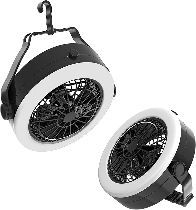 2-in-1 Camping Lantern with Fan Set - Set of 2 Portable Camping Lights with 12 Bright LED Bulbs, USB, and Rechargeable Battery by Wakeman