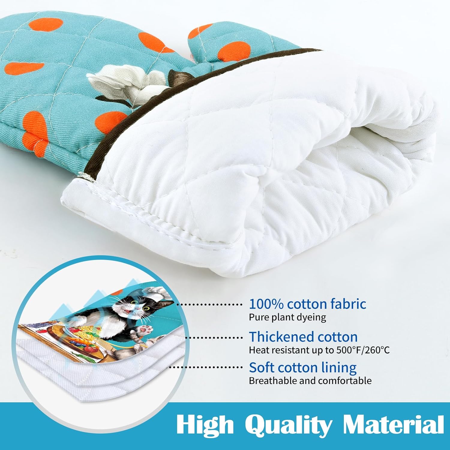 Cute Cat Oven Mitts and Pot Holders Sets 4Pcs, 100% Cotton Heat Resistant, Extra Long Oven Gloves Potholder for Kitchen Cooking Baking Decoration