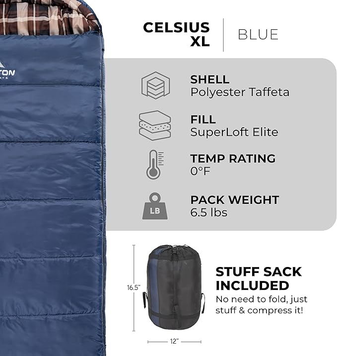 TETON Celsius XL, -25F, 20F, 0F Degree Sleeping Bags, All Weather Warm Sleeping Bag for Adults and Kids, Camping Season, Compression Sack Included