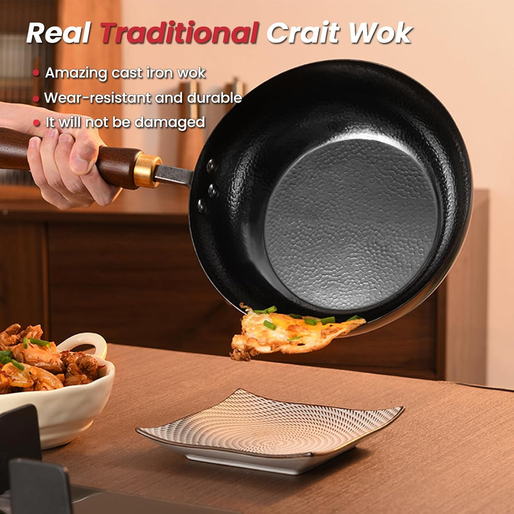 Carbon Steel Wok Pan, 10.2 “ Woks & Stir-Fry Pans with Wooden Lid Cookwares, Nonstick Wok, No Chemical Coated Flat Bottom Hand Hammered Chinese Wok For for Electric, Induction, for All Stoves