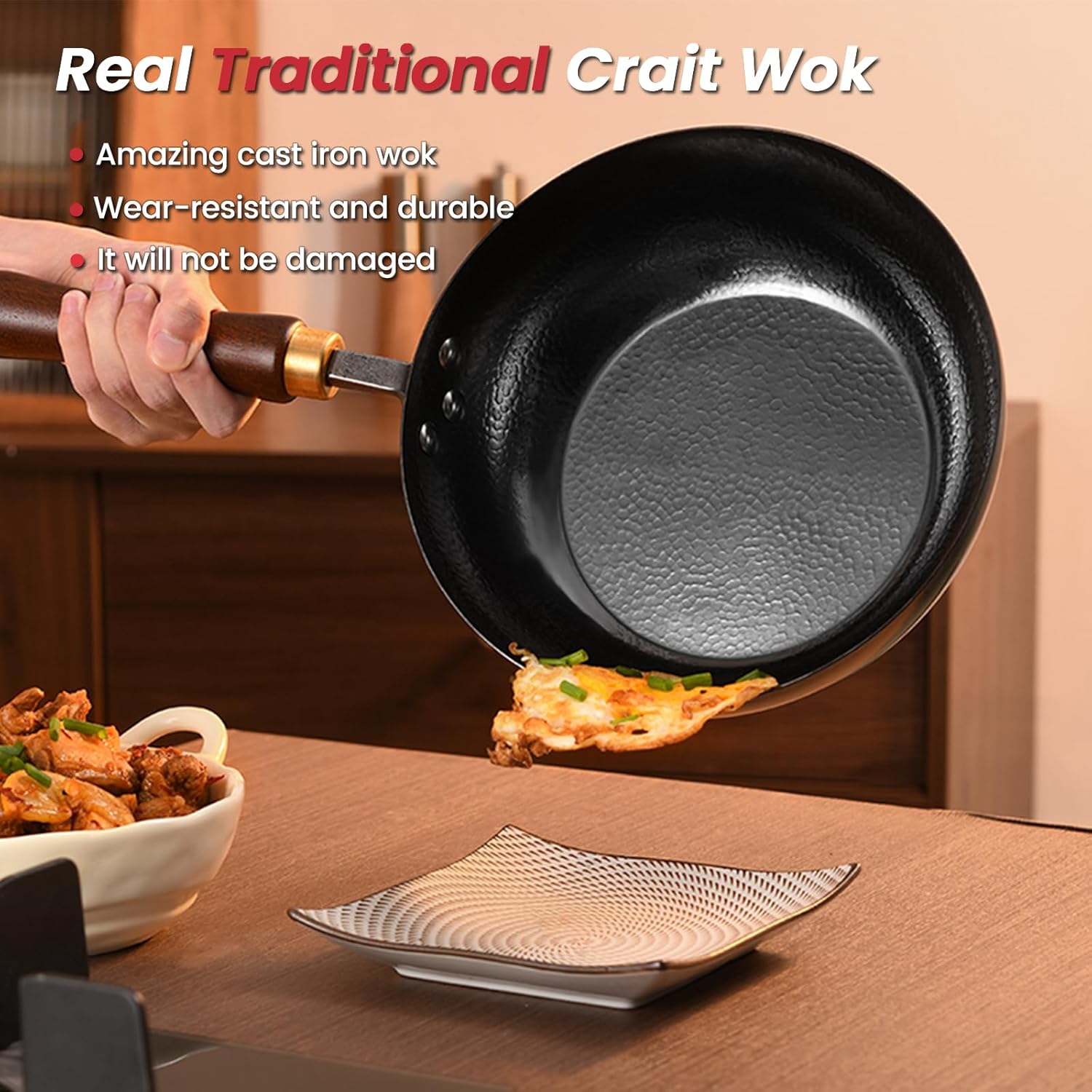 Carbon Steel Wok Pan, 10.2 “ Woks & Stir-Fry Pans with Wooden Lid Cookwares, Nonstick Wok, No Chemical Coated Flat Bottom Hand Hammered Chinese Wok For for Electric, Induction, for All Stoves