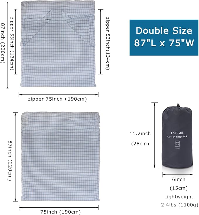 100% Cotton Sleeping Bag Liner with Full Length Zipper on 3 Sides; Single/Double Adult Sleep Sack for Travel & Camping, Multifunctional Travel Sheets (Unzipped 87”x87”) for Hotel, Lightweight
