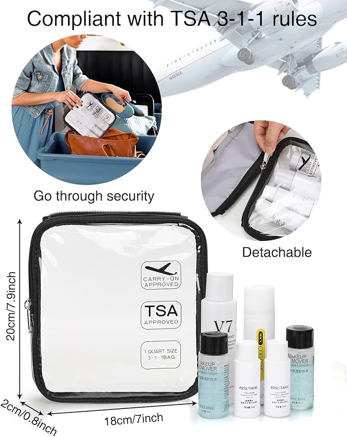 Relavel Travel Toiletry Bag for women with Detachable TSA Approved Toiletry Bag, Compact Hanging toiletry bag with Small Carry On 3-1-1 Clear Waterproof Travel Bags for Toiletries