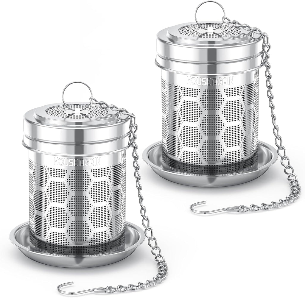 House Again 2 Pack Tea Strainers for Loose Tea, Extra Fine Mesh Tea Infuser, 304 Stainless Steel with Chain Hook, Loose Leaf Tea Steeper for Brew Tea Spices & Seasonings, Geometric Design