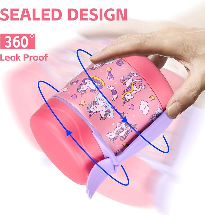 10oz Soup Thermo for Hot Food Kids Insulated Food Jar,Thermo Hot Food Lunch Container, Width Mouth Stainless Steel Lunch Box for Kids with Spoon (Pink-Cute Horse)