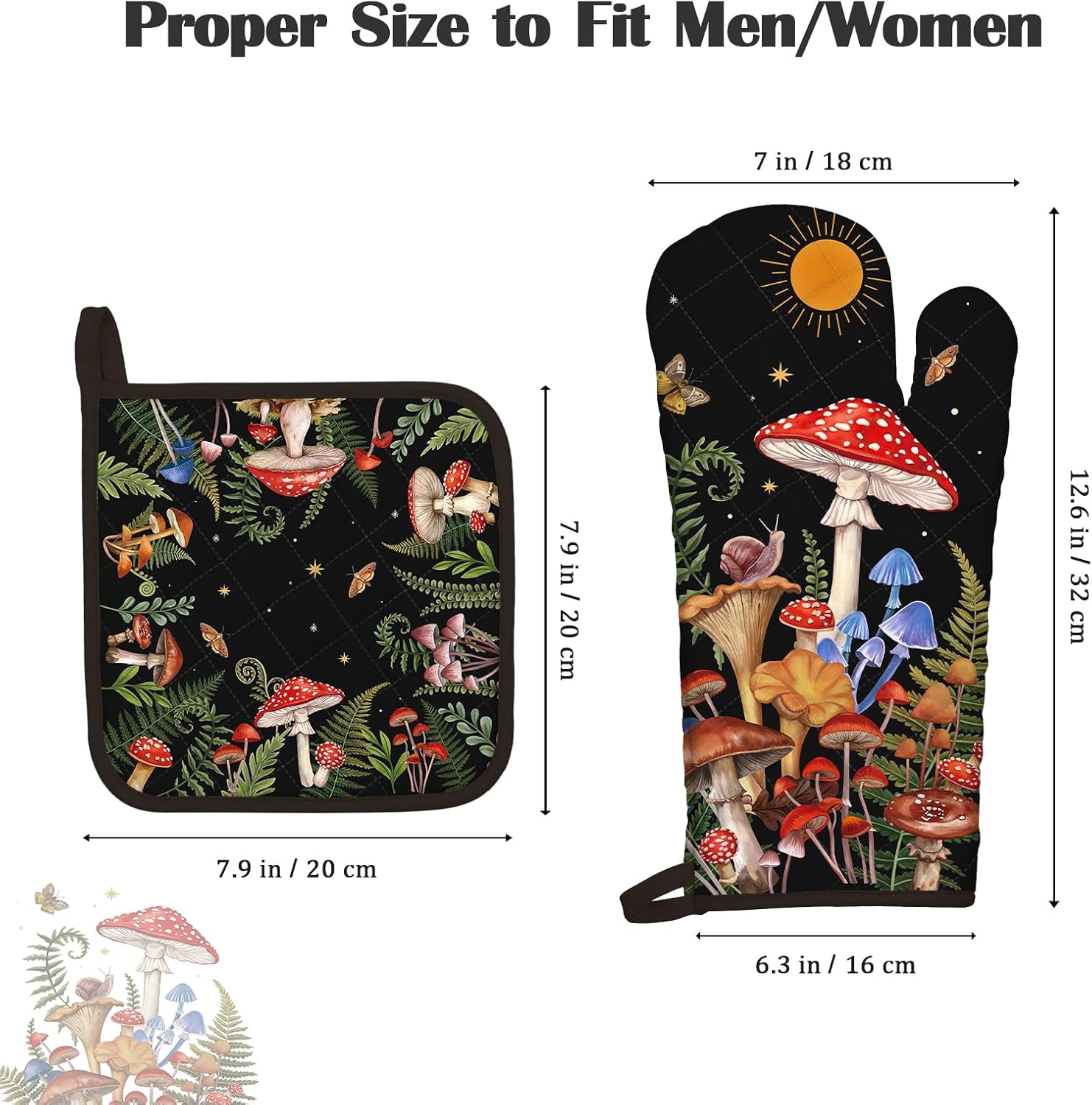 Mushroom Grass Oven Mitts and Pot Holders Sets 2Pcs, 100% Cotton Heat Resistant, Extra Long Oven Gloves Potholder for Kitchen Cooking Baking Decoration