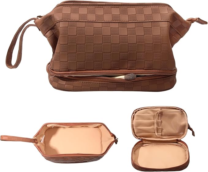 Abiudeng Large Capacity Makeup Bag Ladies Cosmetic Bag Travel Bag with Compartments Portable PU Leather Travel Makeup Bag with Handle