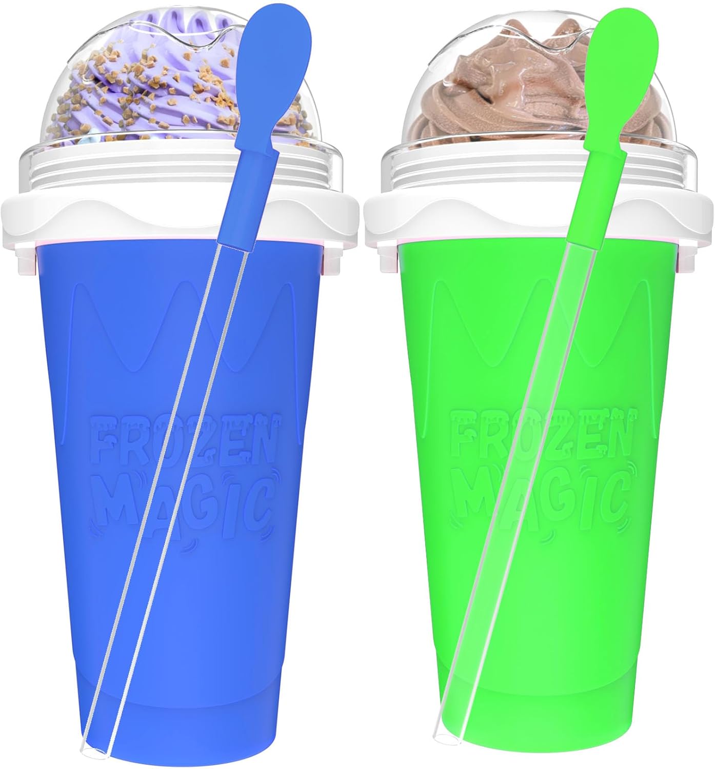 2PCS Slushie Maker Cup, Quick Frozen Magic Cups for Homemade Milk Shake Ice Cream Maker, Double Layer Squeeze Slushy Maker Cup, Birthday Gifts for Kids,Friends,Family (Blue+Green, 350ML)