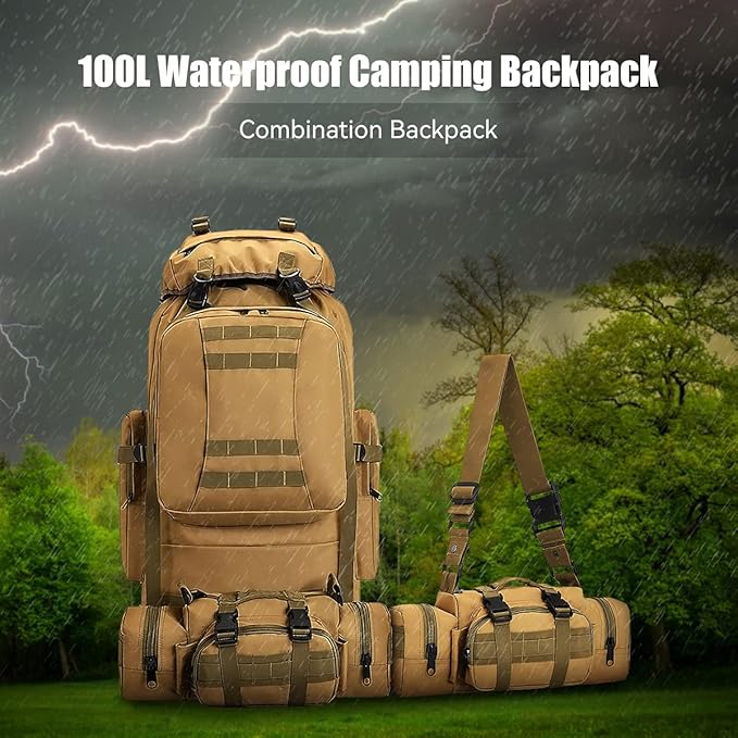 100L Camping Hiking Backpack,Molle military Tactical rucksack backpack,Waterproof Lightweight Hiking Backpack (Khaki-C)