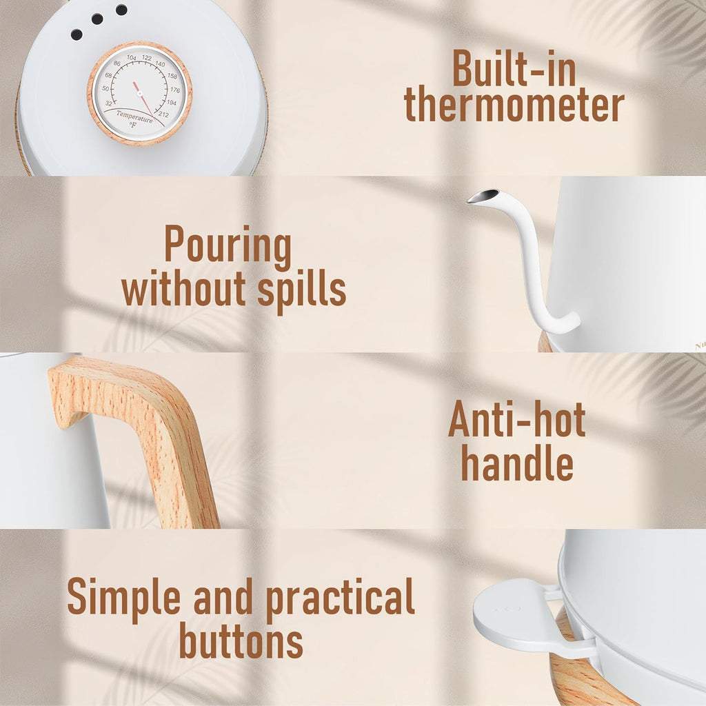 Nueve&Five Gooseneck Electric Kettle with Thermometer,Electric Tea Kettle 1L with Auto Shut-Off,1000W Hot Water Kettle of Stainless Steel for Coffee & Tea -White