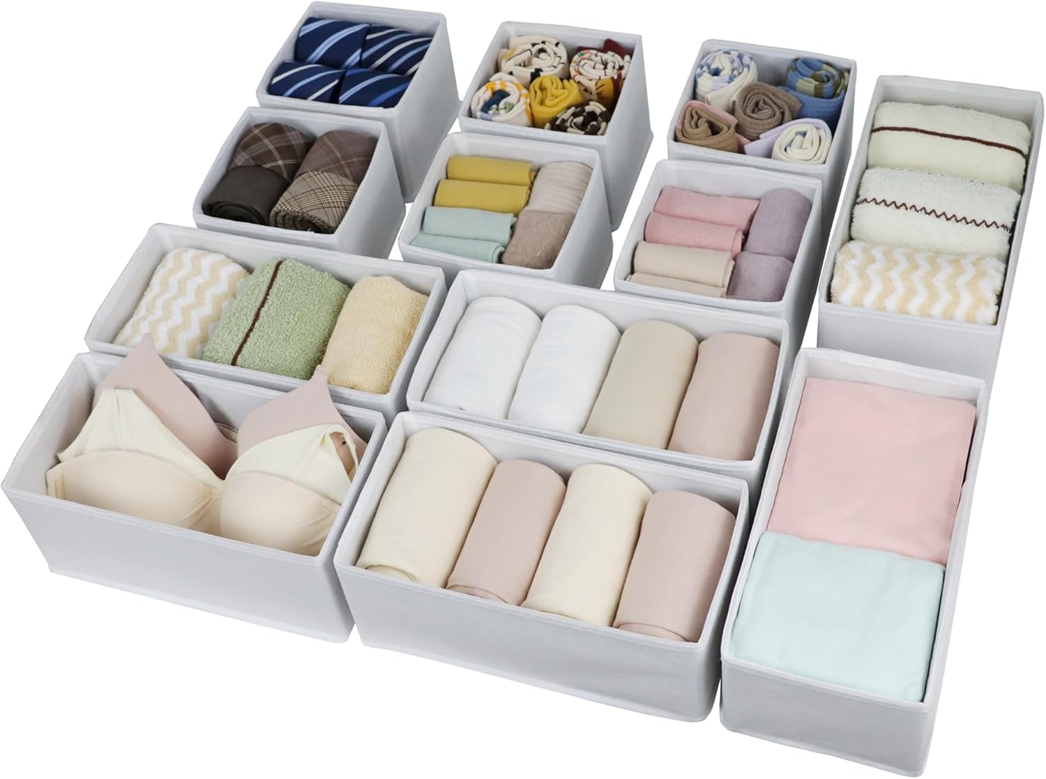 Set of 12 Drawer Organizer, Fabric Closet Organizer and Storage Baskets,Foldable Drawer Divider for Clothing,Sock,Ties,Underwear Drawer Organizers,Set of Cabinet Storage Boxes (White)