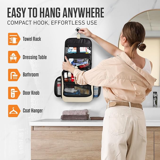 VENTURE 4TH Hanging Travel Toiletry Bag for Women & Men - Travel Organizer with Expandable Compartments & Removable Clear Pouch for Toiletries (Beige)