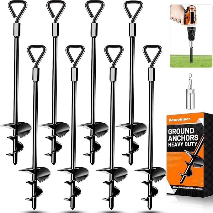 Ground Anchors Tent Stakes Trampoline Anchors Heavy Duty Screw in 8 Pack, Tent Stakes High Winds Heavy Duty for Camping Tent, Canopies, Carports, Sheds, Swing Sets,14in Ground Anchors