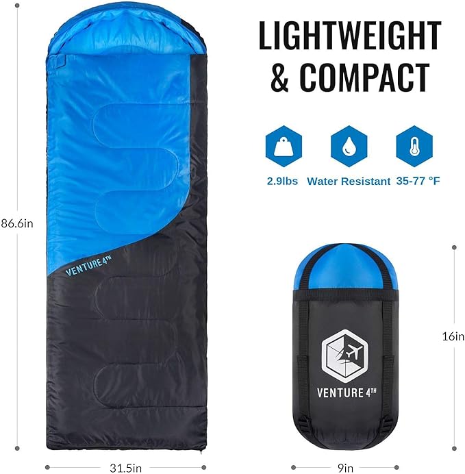 VENTURE 4TH Backpacking Sleeping Bag – XXL, Double and Single Sizes - Lightweight Warm & Cold Weather Sleeping Bags for Adults, Kids & Couples – Ideal for Hiking, Camping & Outdoor Adventures