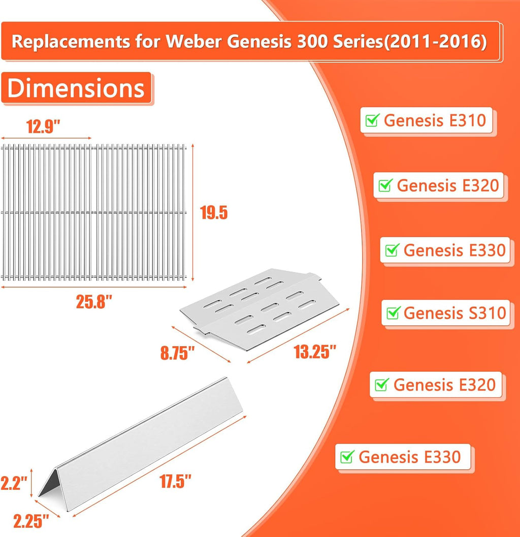 Grill Parts for Weber Genesis 300 Series, 19.5”Grill Grates & Flavorizer Bars, Heat Deflector for Weber E/S310, 320, 330 with Front Control Knobs, Replacement for Weber 7528, 7524, 7620, 7622, 65505