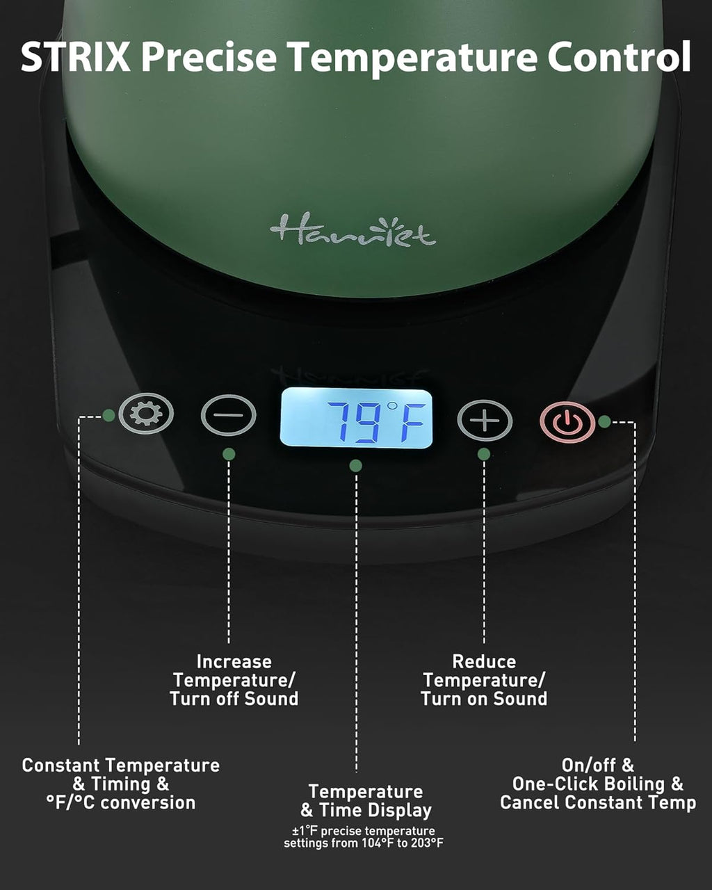 Harriet Gooseneck Electric Kettle - 1200W Fast Heat, 0.8L Stainless Steel, Precision Temp Control & Timer, Wood Handle, Pour Over Coffee and Tea, Green