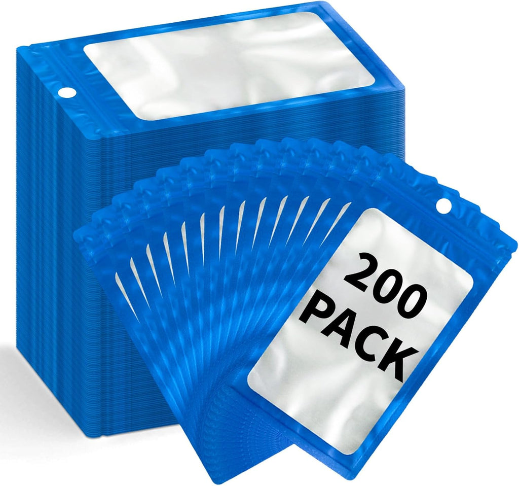 200 Pack Resealable Mylar Holographic Bags Food Storage Smell Proof Bags with Front Window Foil Packaging Pouch for Candy Sample Jewelry Small Business 4.13×5.91 Inch, Blue