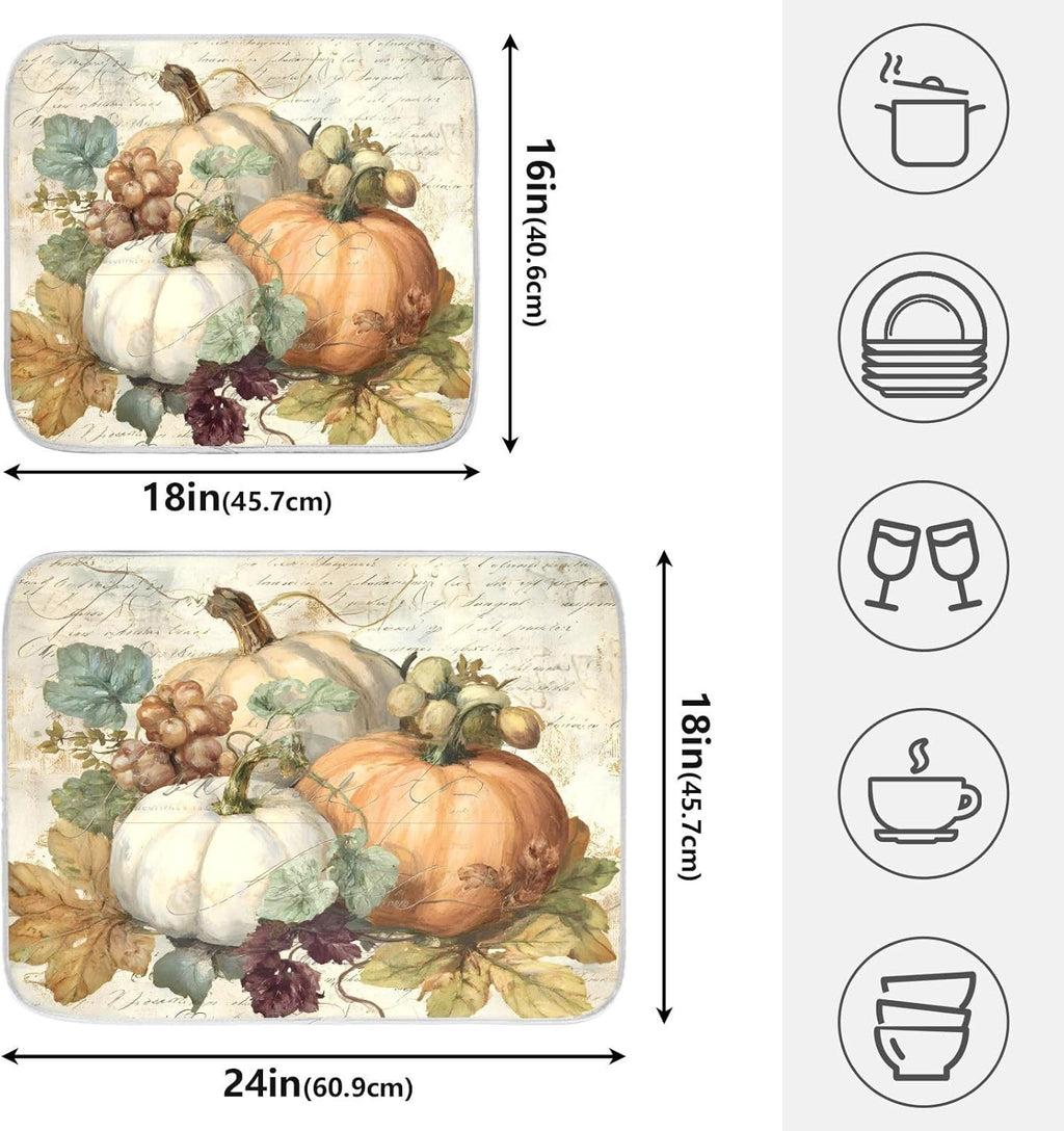 Autumn Pumpkin Fall Leaves Thanksgiving Dish Drying Mat for Kitchen Counter Absorbent Microfiber Large Drying Pad Dish mats for Kitchen Countertops 18 x 24 Inch