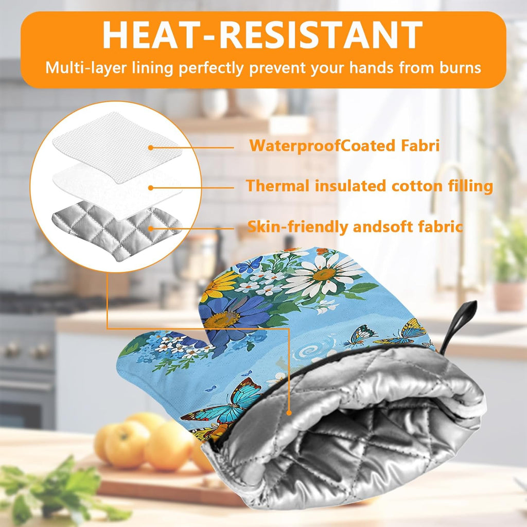 Sunflower Butterfly Oven Mitts and Pot Holders Sets 4Pcs,Extra Long Oven Gloves Potholder for Kitchen Cooking Baking BBQ 100% Cotton Heat Resistant