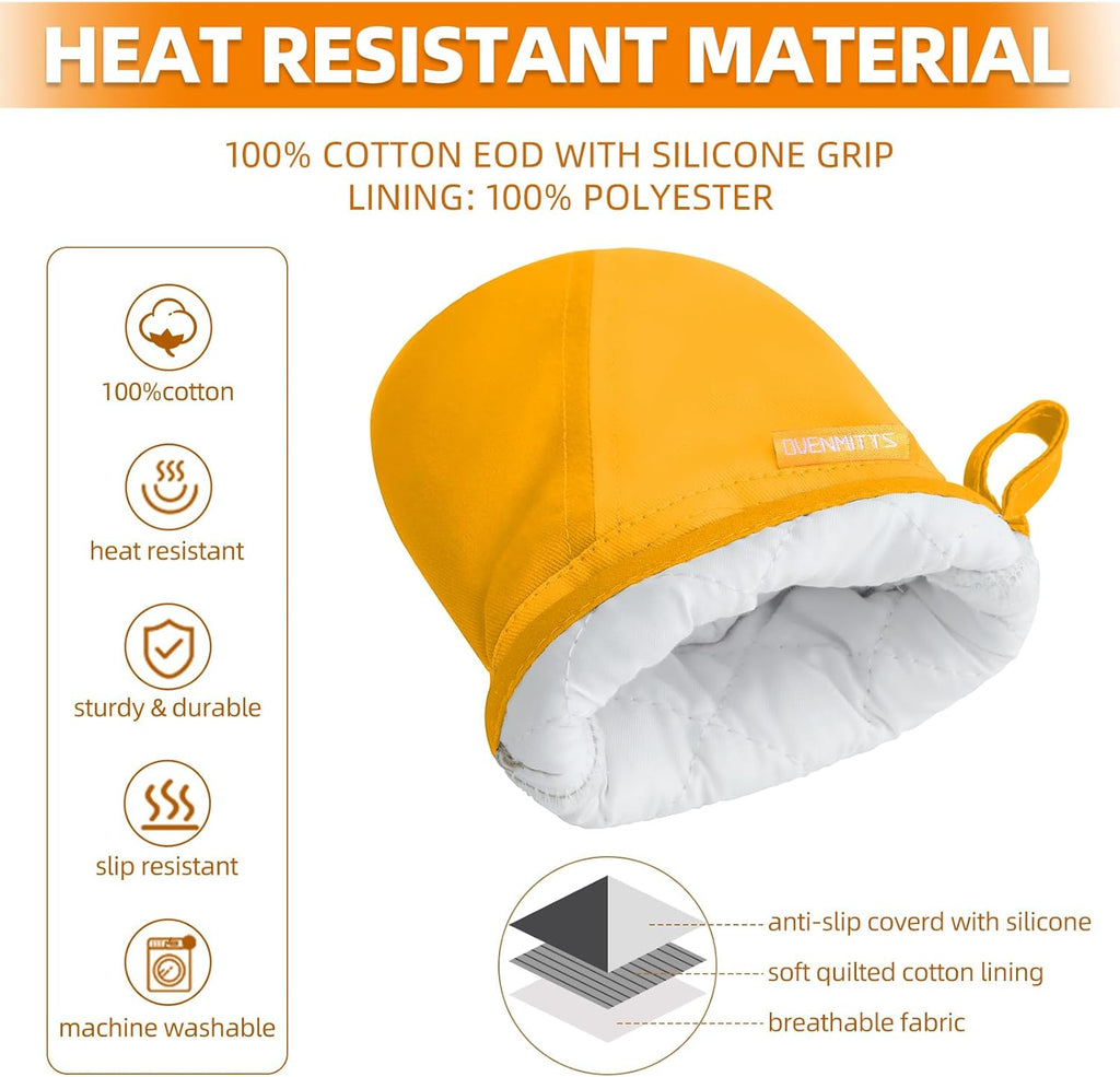 Mini Oven Mitts, Kitchen Oven Gloves Kitchen Mittens 500 Degrees Heat Resistant Baking Gloves, Non-Slip Silicone Surface with Hanging Loops Hot Gloves for Cooking, Baking, BBQ 1 Pair-Yellow