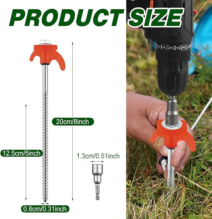 20 Pcs 8" Screw in Tent Stakes Heavy Duty Tent Stakes Drillable Ground Anchors Screw Metal Tent Pegs Threaded Tent Spikes with Head Driver for Swing Inflatable Decor (Orange)