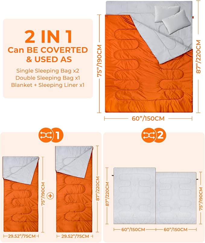 Ohuhu Double Sleeping Bag for Adults with 2 Pillows, Queen Size Two Person Sleeping Bag for Camping Hiking Backpacking 2 Person Sleeping Bags for Cold Weather & Warm