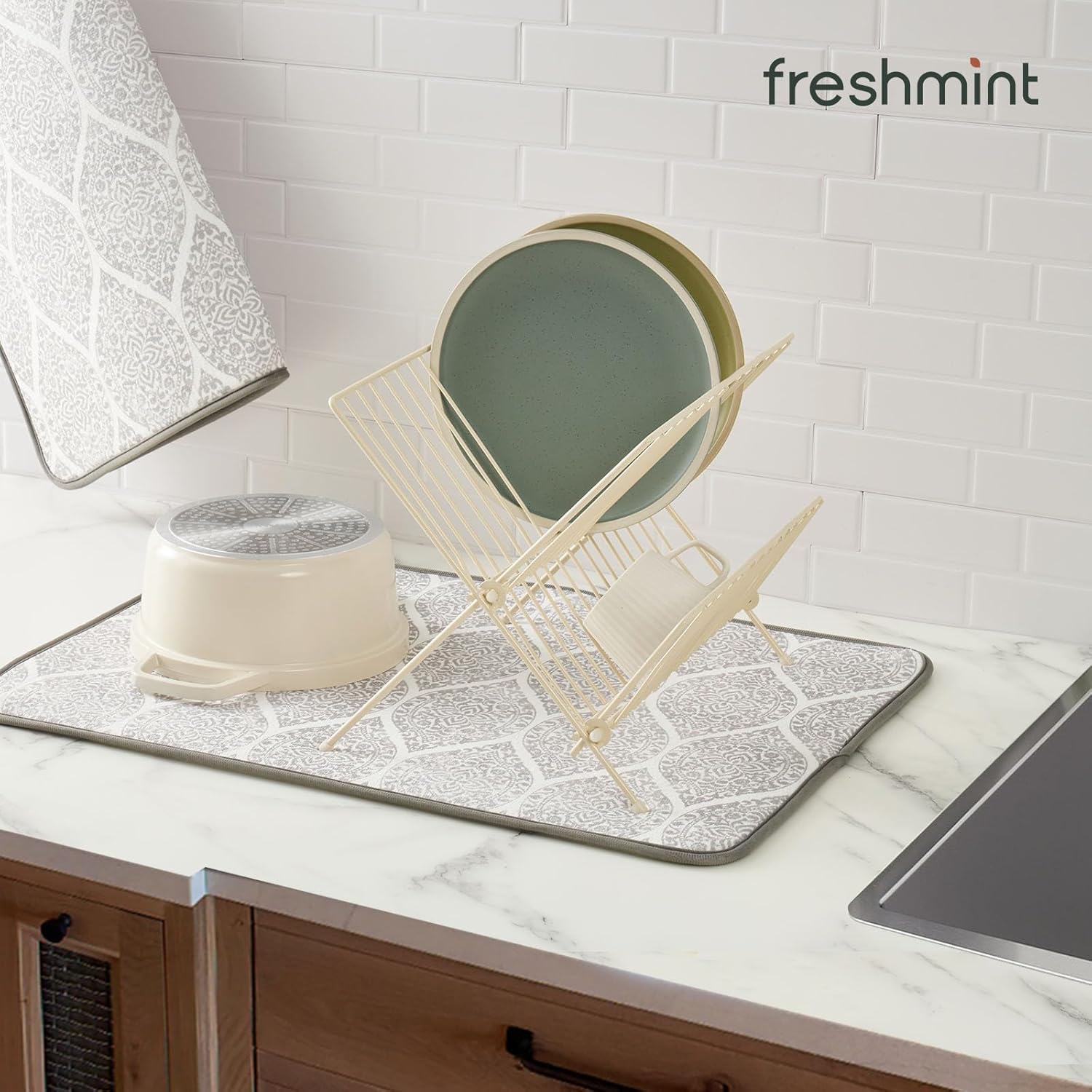 FRESHMINT Printed Dish Drying Mats for Kitchen Counter 2 Pack Absorbent Reversible Drying Mats Microfiber Kitchen Countertop Protector Dishes Drying Pad Extra Large 18"x24" Dish Mat