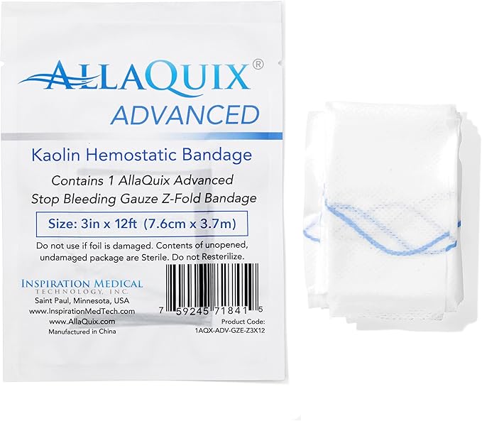 Advanced Kaolin Hemostatic Bandage – Sterile Z-Fold Clotting Gauze (3 in. x 12 ft) | Stops Bleeding Fast for Emergency, Trauma, First Aid, and Survival Kits (1-Pack)