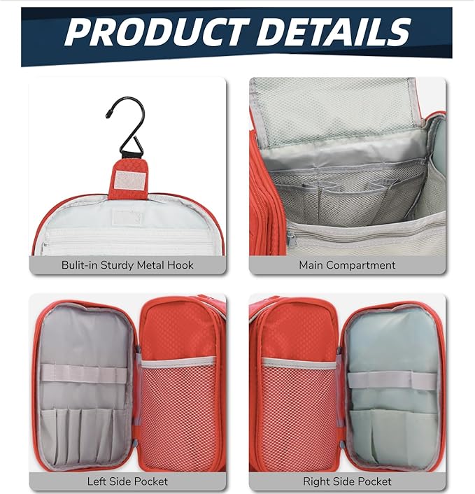 Buruis Large Capacity Toiletry Bag for Women and Men, Hanging Toiletry Organizer Cosmetics Makeup Bag, Water-resistant Dopp Kit Shaving Bags for Full Sized Toiletries, Travel Essentials (Orange)