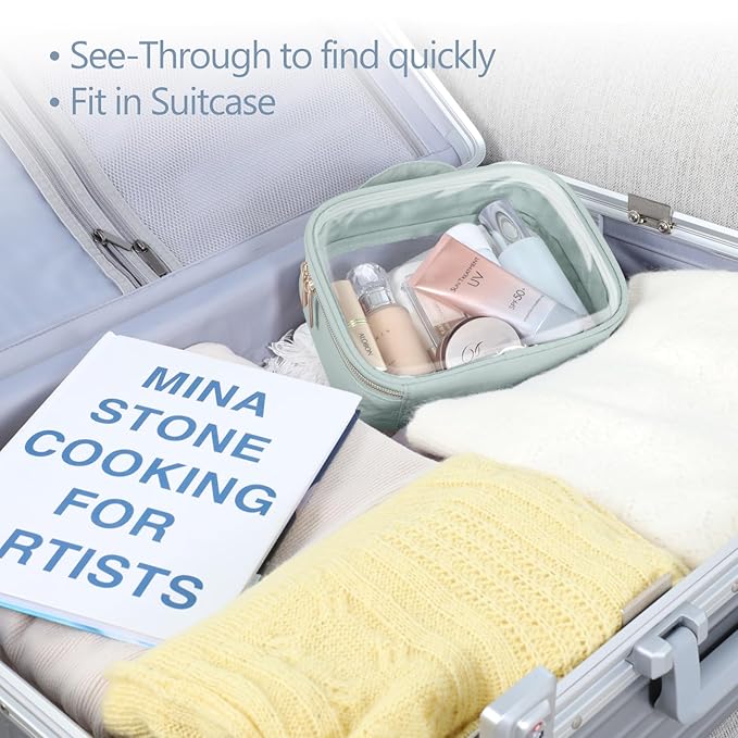 PACKISM TSA Approved Toiletry Bag - Clamshell Closing Clear Makeup Bags with Handle, Laurel Green, Quart-sized Clear Travel Bags for Toiletries, Carry-on Travel Essentials