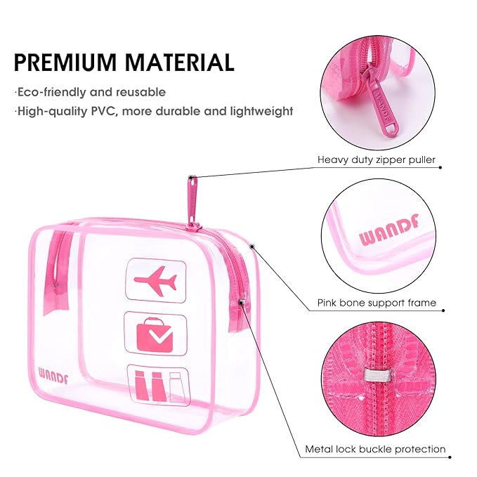 TSA Approved Clear Travel Toiletry Bag wih Zippers Carry-on Travel Accessories Quart Size Toiletries Cosmetic Pouch Makeup Bags for Men and Women (4pcs Pink)