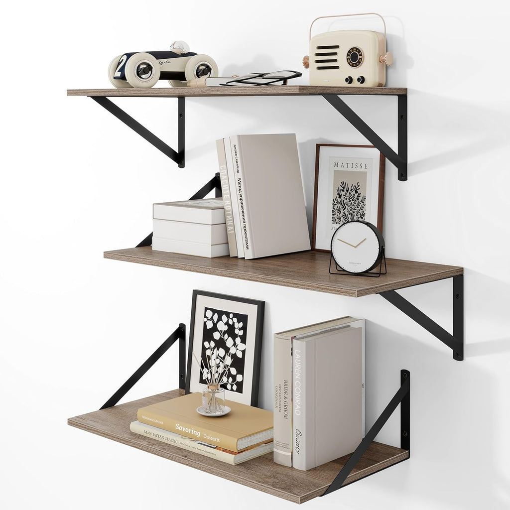 Heimlove 24" W x 12" D Wall Shelves for Books, 12 Inch Deep Floating Shelves Set of 3, Wide Floating Bookshelf with Metal Bracket for Living Room, Kitchen, Office, Bedroom and Decor Storage - Grey