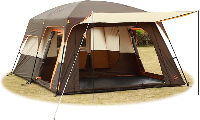 KTT Extra Large Tent 10-12-14 Person(A),Family Cabin Tents,2 Rooms,3 Doors and 3 Windows with Mesh,Straight Wall,Waterproof,Double Layer,Big Tent for Outdoor,Picnic,Camping,Family Gathering