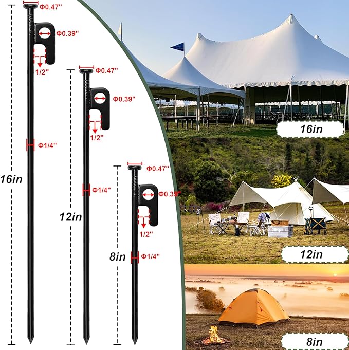 24Pcs Tent Stakes, 16in Heavy Duty Tent Stakes with Storage Pouch, Forged Steel Tent Sakes Metal, Metal Stakes for Tent Used on Grassland, Snowfield, Dessert(24Pcs, 16in, Diameter 1/4")