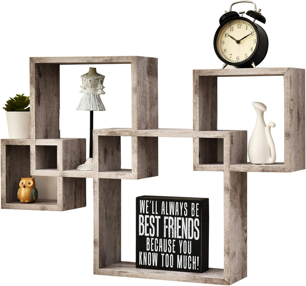 Greenco 4 Cube Intersecting Shelves, Easy-to-Assemble Floating Wall Mount Shelves for Bedrooms and Living Rooms, Rustic White Finish
