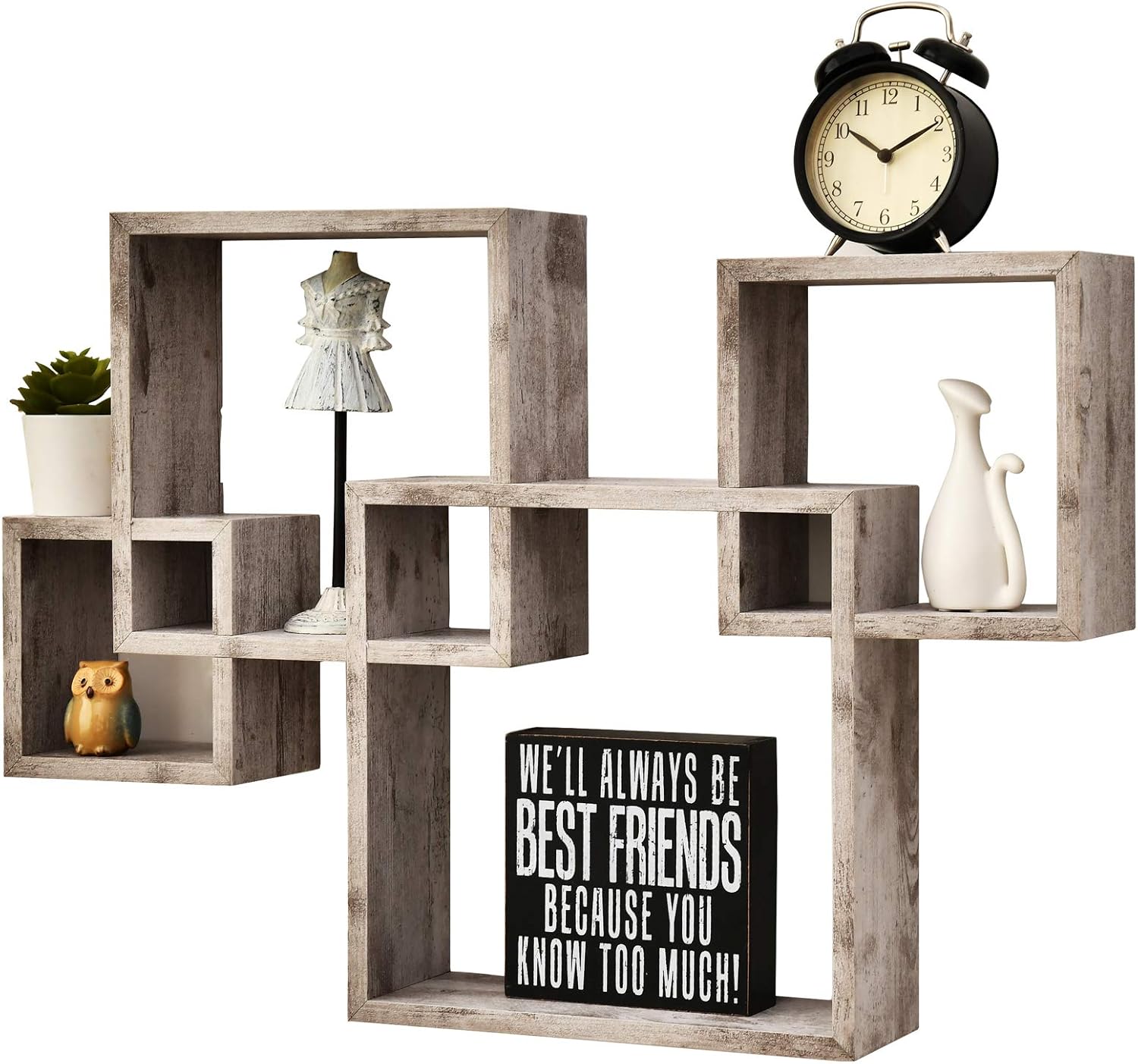 Greenco 4 Cube Intersecting Shelves, Easy-to-Assemble Floating Wall Mount Shelves for Bedrooms and Living Rooms, Rustic White Finish