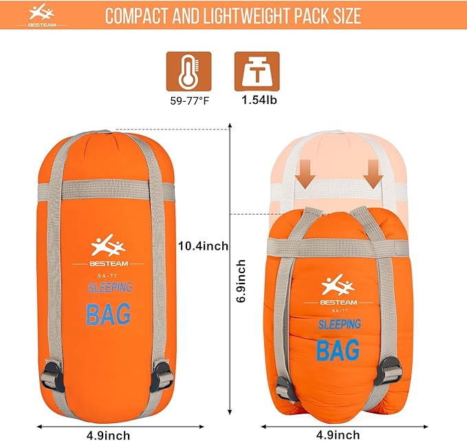Warm Weather Sleeping Bag - Portable Waterproof Compact Lightweight, Packable for Kids, Teens Adults Camping Backpacking Hiking, Spring Summer Fall