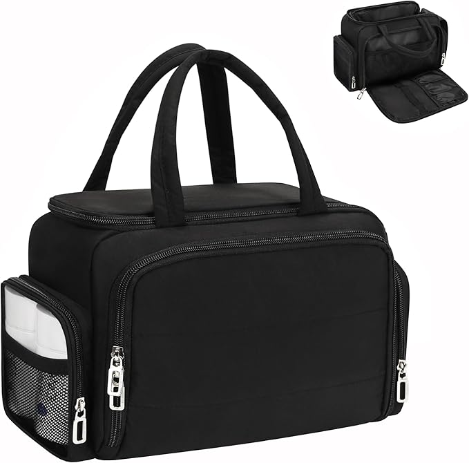 Travel Toiletry Bag for Women, Lightweight Wide-open Toiletries Travel Bag with Handle, Large Cosmetic Organizer with Makeup Brushes Compartment for Essentials for Trip, Camping - Black