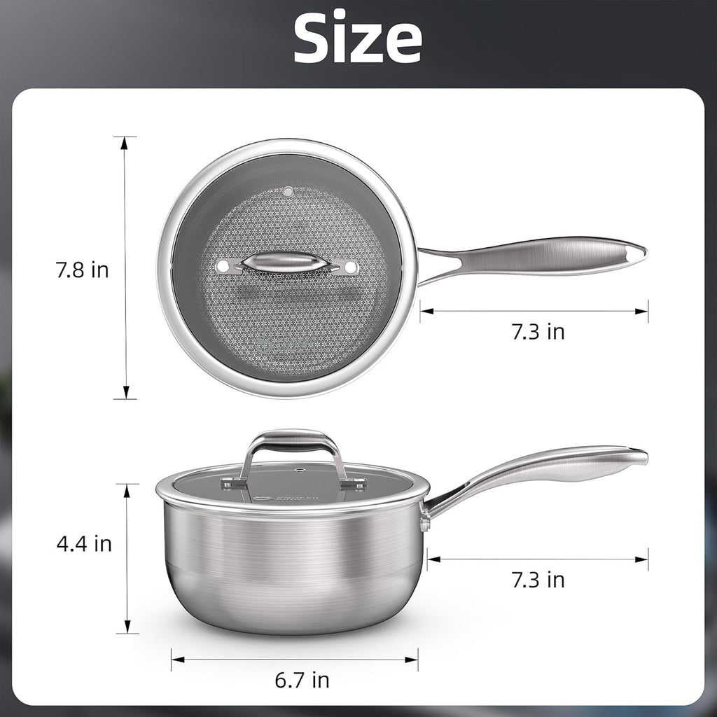 COOKER KING 3 Quart Stainless Steel Saucepan, Nonstick Sauce Pan, Ceramic Suce Pot with Tempered Glass Lid, Induction Pot Compatible with All Cooktops, Dishwasher & Oven Safe(PFAS/PFOA/PTFE Free)