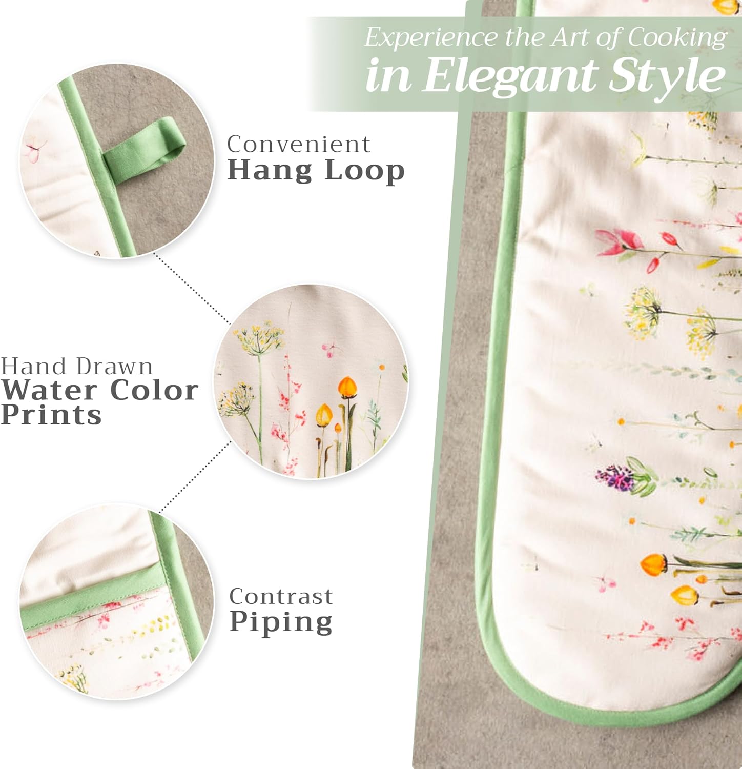 Maison d' Hermine Double Oven Mitts 100% Cotton 7"x35" Double Oven Mitt Heat Resistant BBQ Cooking Gloves with Loop, Baking, Grilling, Home, Kitchen, Handling Hot Pans Spring Summer (Botanical Fresh)