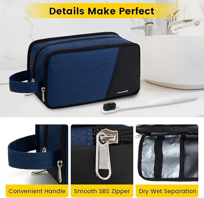 Vorspack Travel Toiletry Bag - Toiletry Bag for Men Water Resistant Skincare Bag Dopp Kit for Bathroom Toiletries Accessories Gifts - Navy Blue