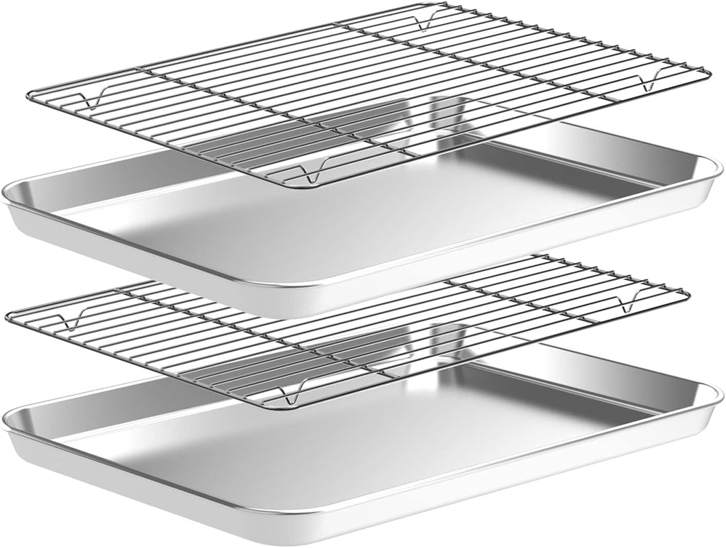 Baking Sheet with Wire Rack Set [2 Quarter Sheet Pans + 2 Wire Racks ], CEKEE Stainless Steel Cookie Sheets for Baking with Baking Rack, Non Toxic & Heavy Duty & Easy Clean, Size 12 x 10 x 1 Inch