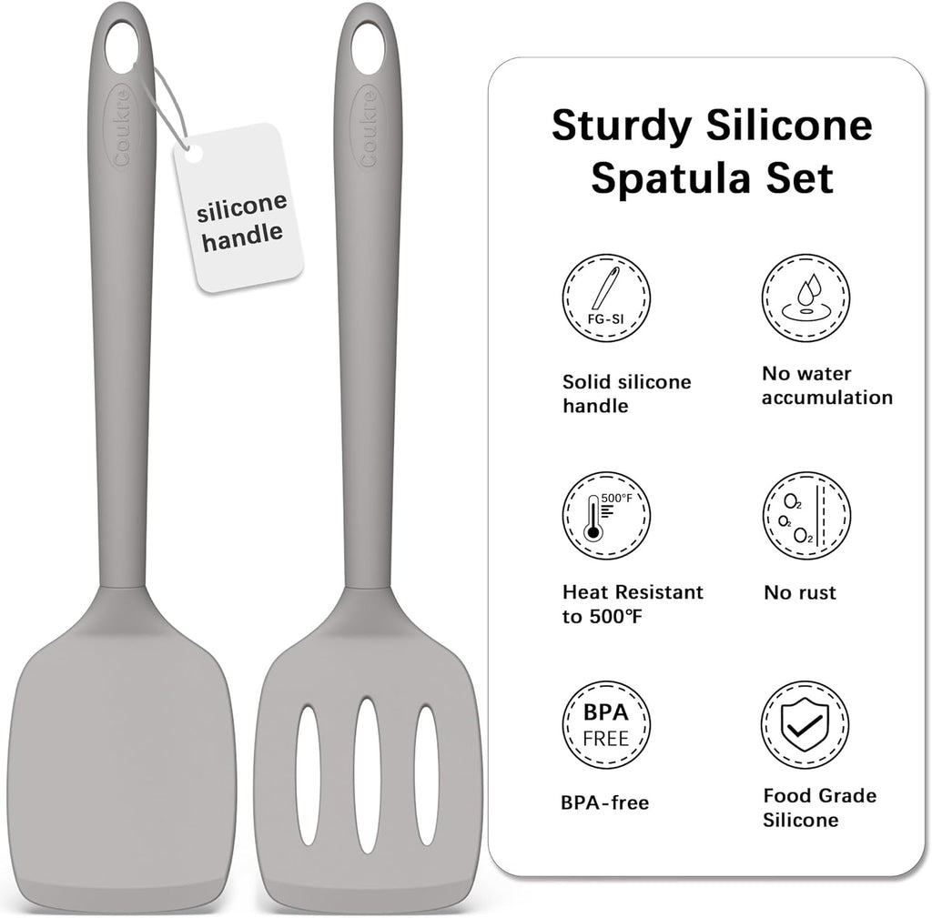 Coukre 2 Pack Silicone Spatula Set, High Heat Resistant, BPA Free Kitchen Spatula, Solid & Slotted Turner for Non-Stick Pans, Sautéing, and Flipping (2, PureGray)