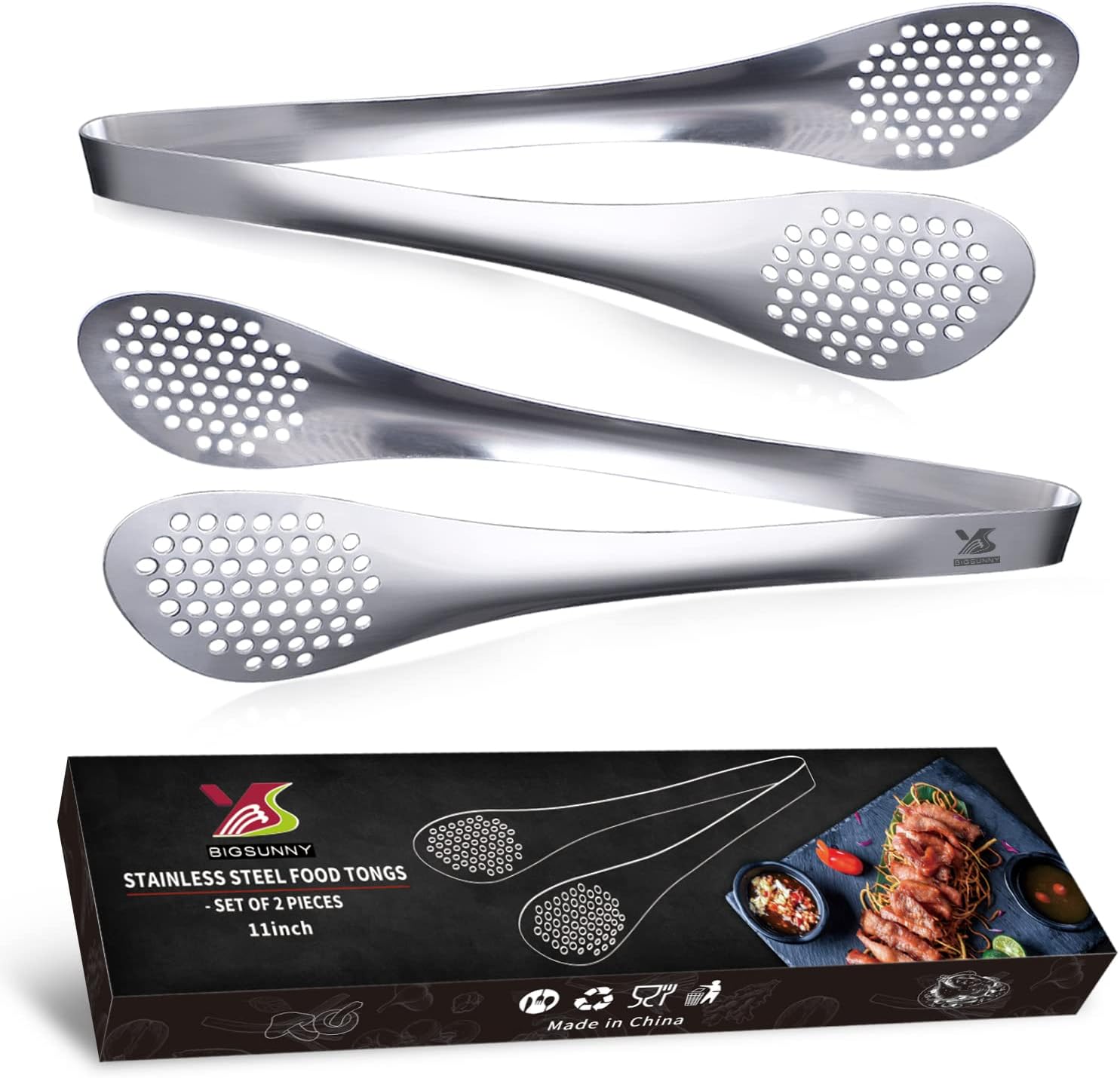 MSY BIGSUNNY 11Inch Kitchen Cooking Food Tongs Stainless Steel Buffet Tongs (silver, 2 pack)