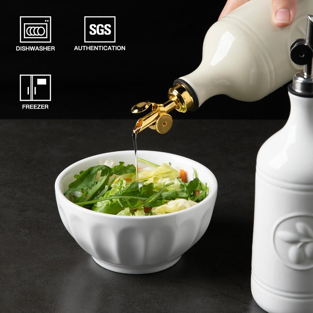 Sweejar 16 Oz Ceramic Olive Oil Dispenser Bottle, Oil Dispenser for Kitchen with Gravity Spout, Relief Opaque Oil Container for Evoo, Avocado Oil, Vinegar, Soy Sauce, 1 Pack(Beige, Gold Spout)