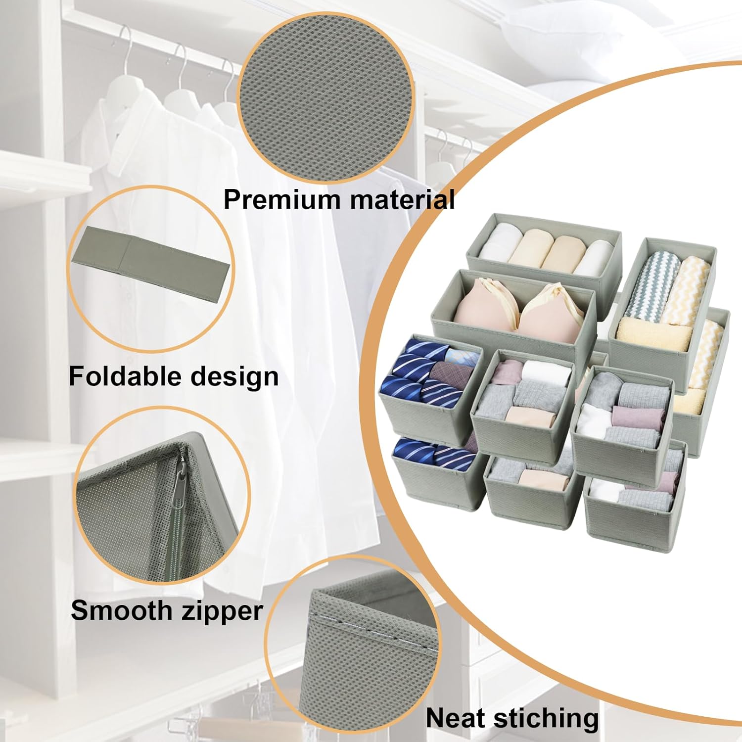 Set of 12 Drawer Organizer, Fabric Closet Organizer and Storage Baskets,Foldable Drawer Divider for Clothing,Sock,Ties,Underwear Drawer Organizers,Set of Cabinet Storage Boxes (Gray)
